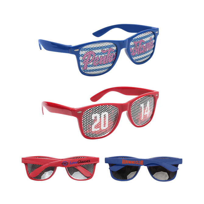 Pinhole sticker sunglasses in blue and red, featuring various designs and a logo on each pair.