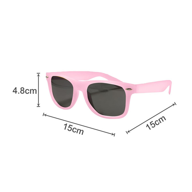 A pair of pink sunglasses with dark lenses, featuring a logo on the frame. Dimensions: 15cm x 4.8cm.