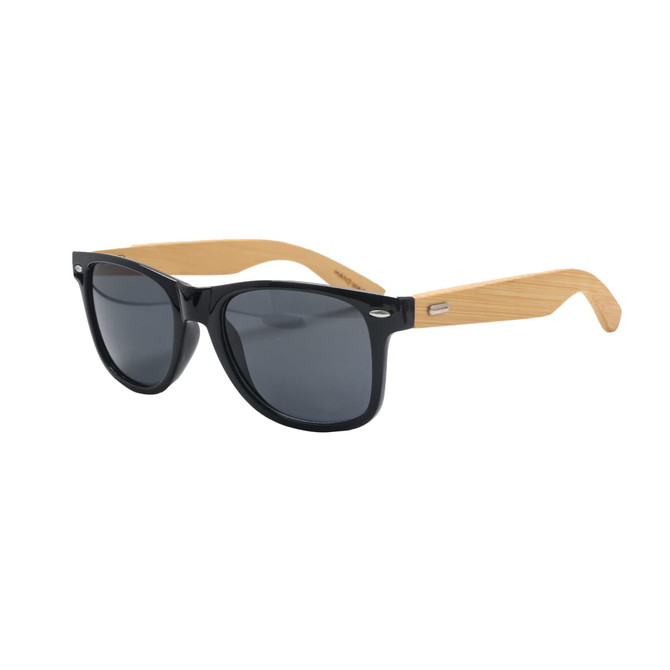 Bamboo sunglasses with black frames and bamboo arms, featuring a sleek design and tinted lenses.