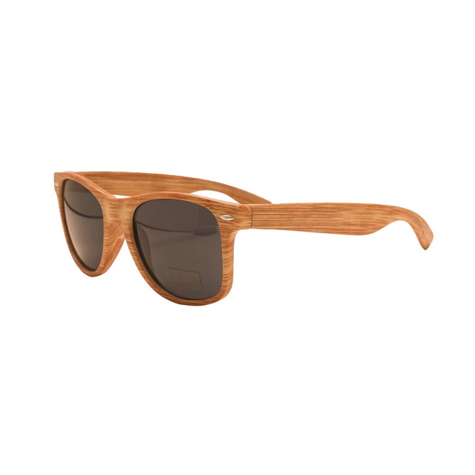 Wooden sunglasses with a light brown wooden frame and dark lenses, featuring a logo on the side.