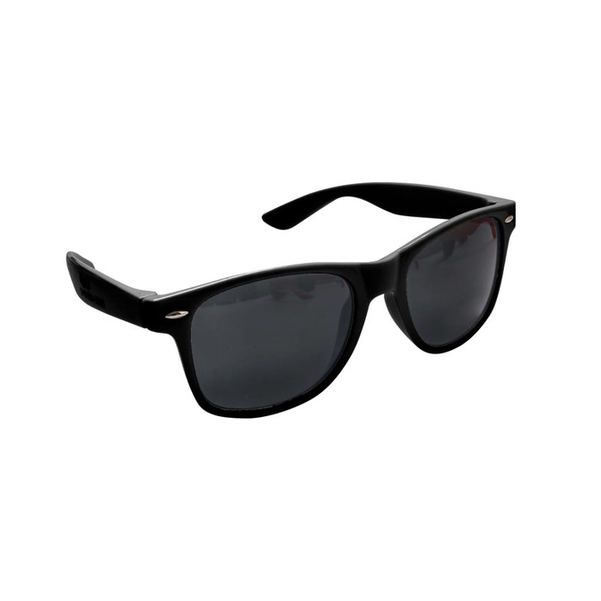 A pair of black classic sunglasses with dark lenses and a logo on the side.