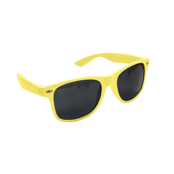 A pair of bright yellow classic sunglasses with dark lenses and a logo.