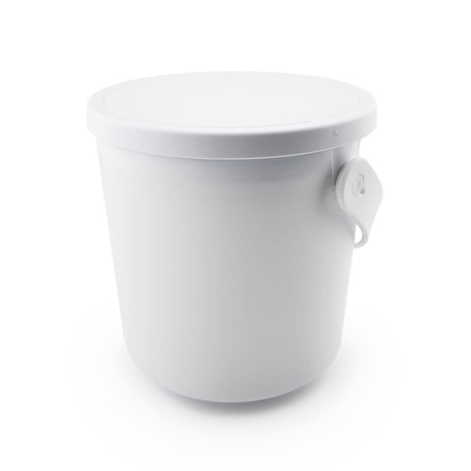 A white plastic bucket with a removable lid and a handle for easy carrying.