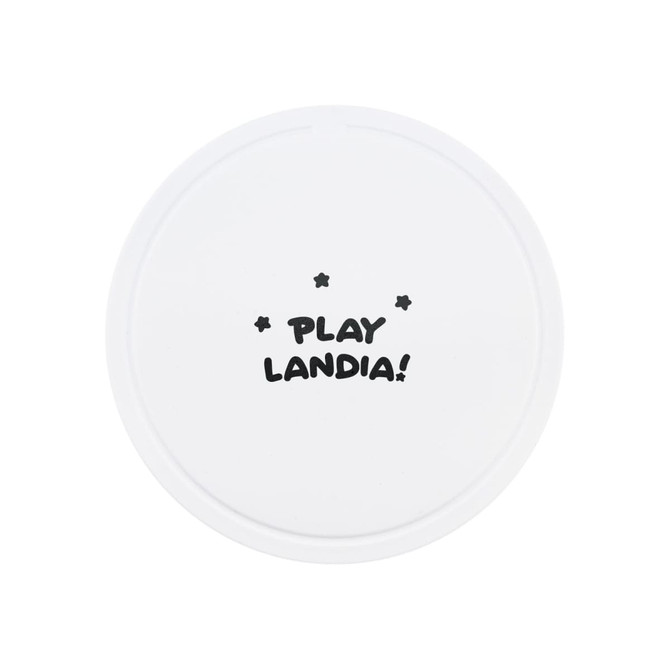 A round, white game disc with a playful design and a logo.