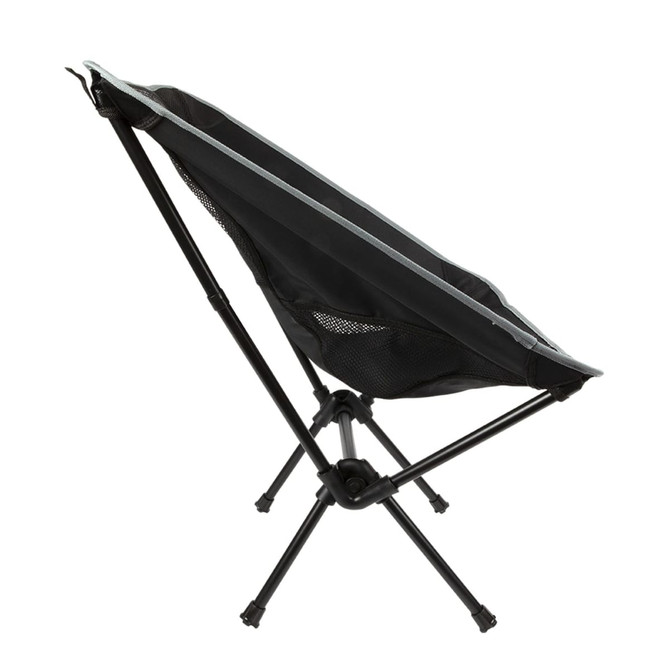 A lightweight folding chair in black with grey accents, featuring a mesh back and a sturdy frame.