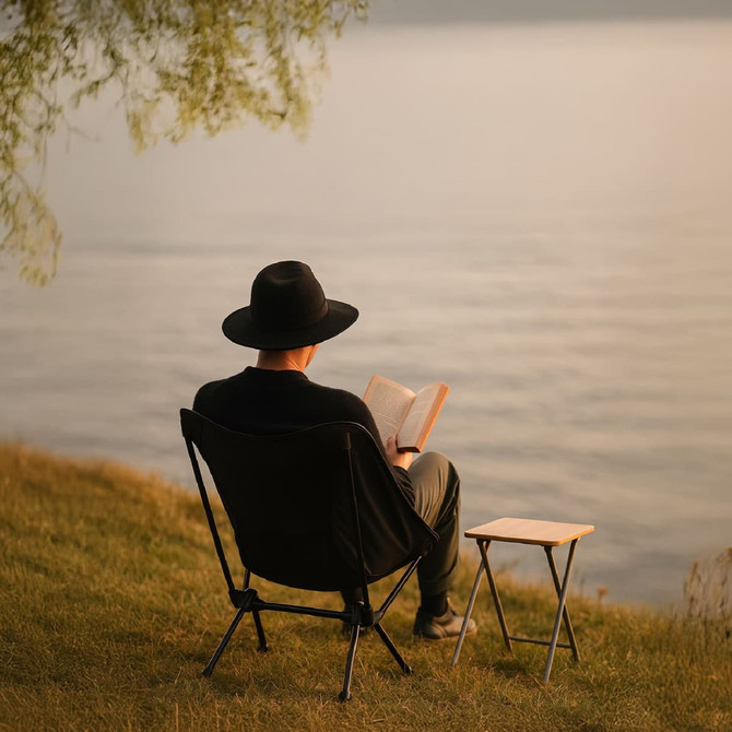 A person in a black hat sits in a black folding chair, reading a book beside a small table by the water's edge.