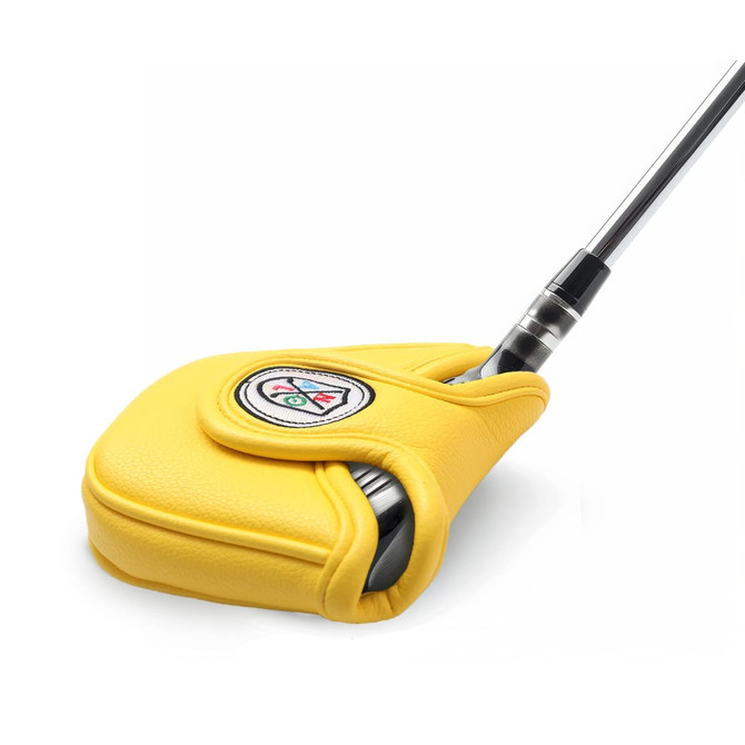 A yellow mallet putter cover featuring a logo, fitted over a putter club head.
