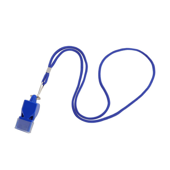 A blue plastic whistle attached to a braided lanyard, featuring a metal clip for fastening.