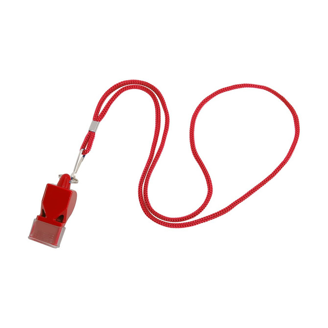 A red plastic whistle with a red lanyard attached. There is a logo on the whistle.
