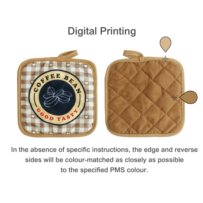 A medium quilted pot holder featuring a brown and beige checked pattern, with a decorative logo on one side.