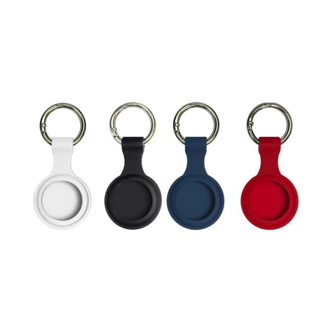 A set of four silicone Airtag cases in white, black, navy blue, and red, each with a metal keyring.