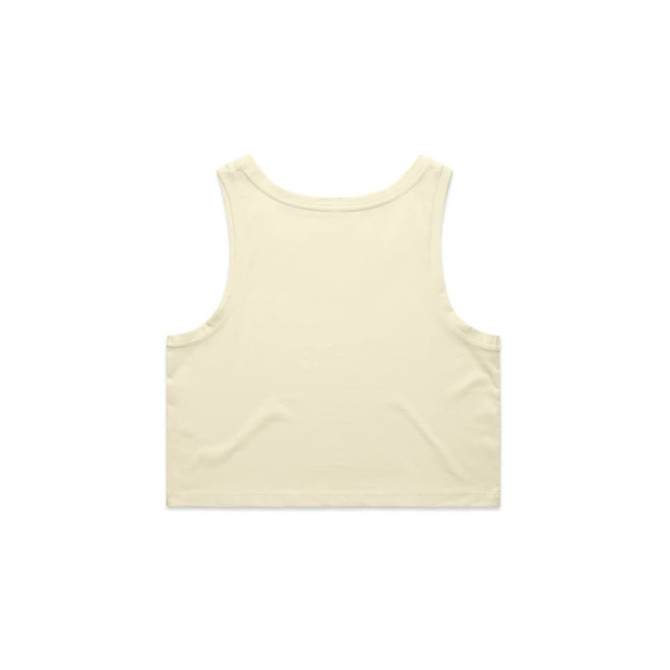 A pale yellow crop singlet featuring a simple design and a logo on the back.