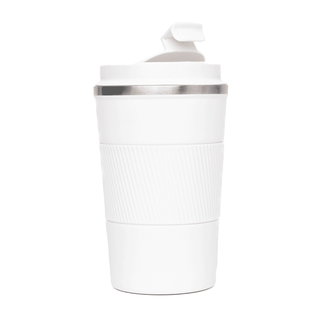 A white coffee cup with a ribbed design, a silver band on top, and a flip lid. It features a logo.