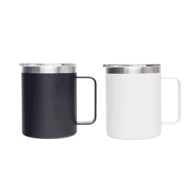 A drinkware set featuring two 350ml coffee mugs, one black and one white, each with a stainless steel lid and handle.