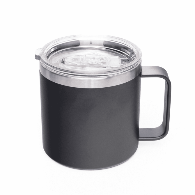 A black 400ml coffee mug with a clear lid and a sturdy handle, featuring a simple design.