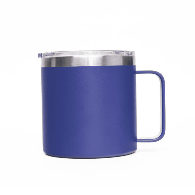 A 400ml coffee mug in matte purple with a stainless steel lid and a sturdy handle, featuring a logo.