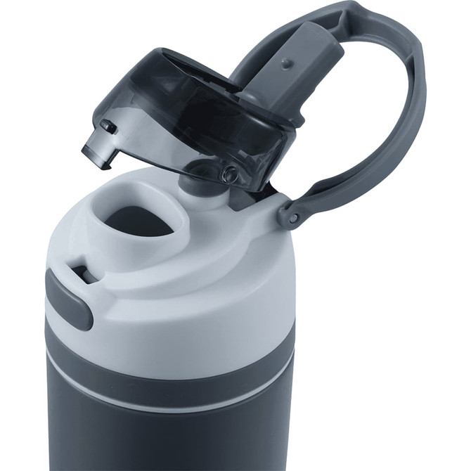 A drink bottle featuring a grey and white design, with a flip straw lid and carrying handle, and a logo.