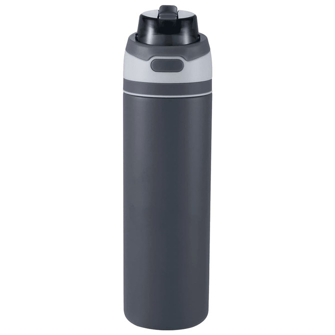 A drink bottle in dark grey with a flip straw lid and a branding logo. Made from recycled stainless steel.