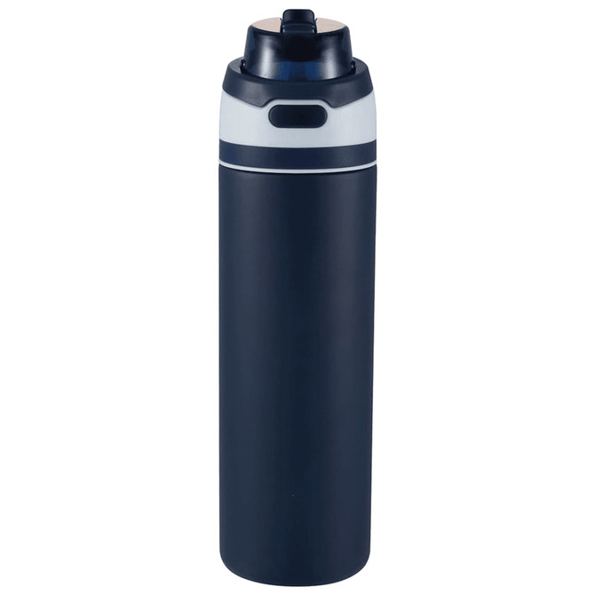 A drink bottle in navy blue with a flip straw top, featuring a logo and a sleek stainless steel design.
