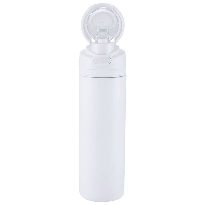 A drink bottle in white with a flip straw lid and a logo on the body, designed for easy use.