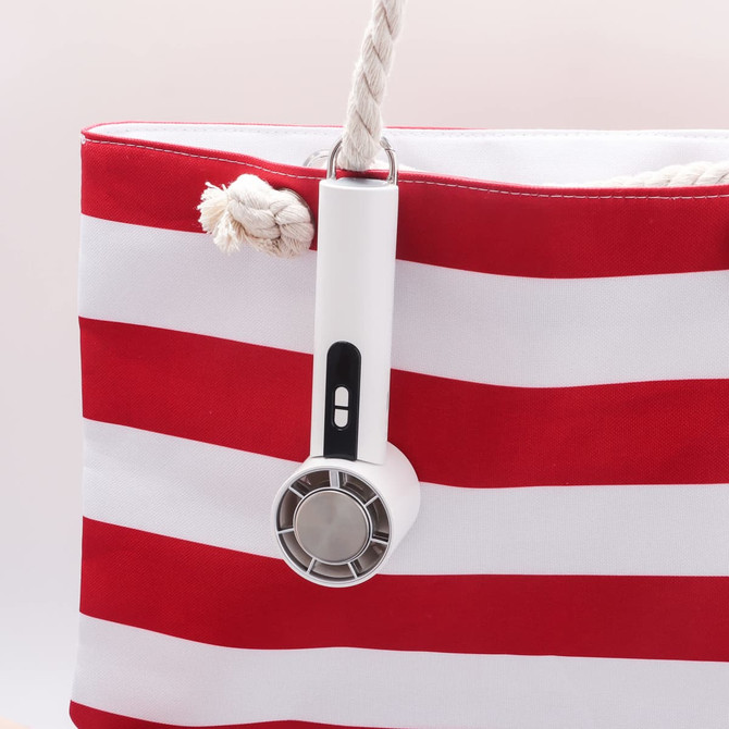 A white high-speed cooling fan attached to a red and white striped tote bag. The fan includes a circular grille and controls.