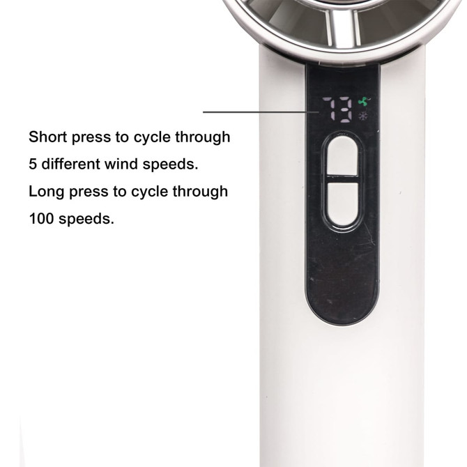 A high-speed cooling fan in white, featuring a control panel for adjusting wind speeds. The fan has a sleek design.