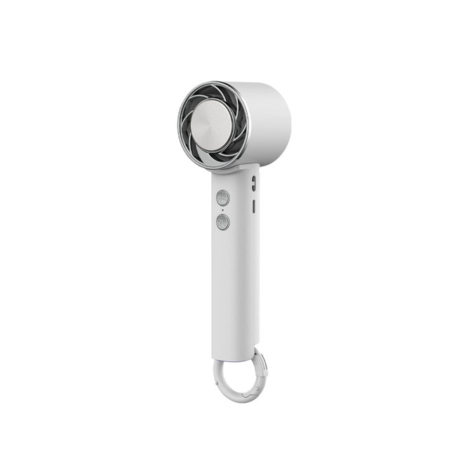 A personal cooling fan in white, featuring a circular head and buttons on the side, with a loop for easy carrying.
