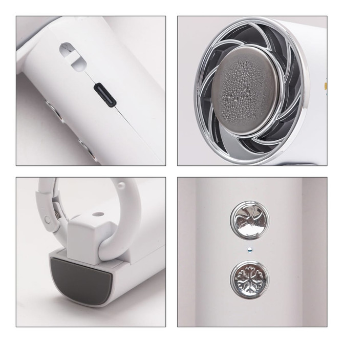 A white personal cooling fan featuring a sleek design, adjustable handle, and control buttons. It has a logo on the body.