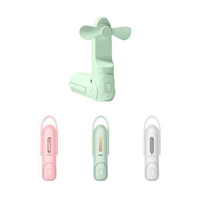 A USB handheld mini fan with a flashlight, available in mint green, pink, and white, featuring a logo.