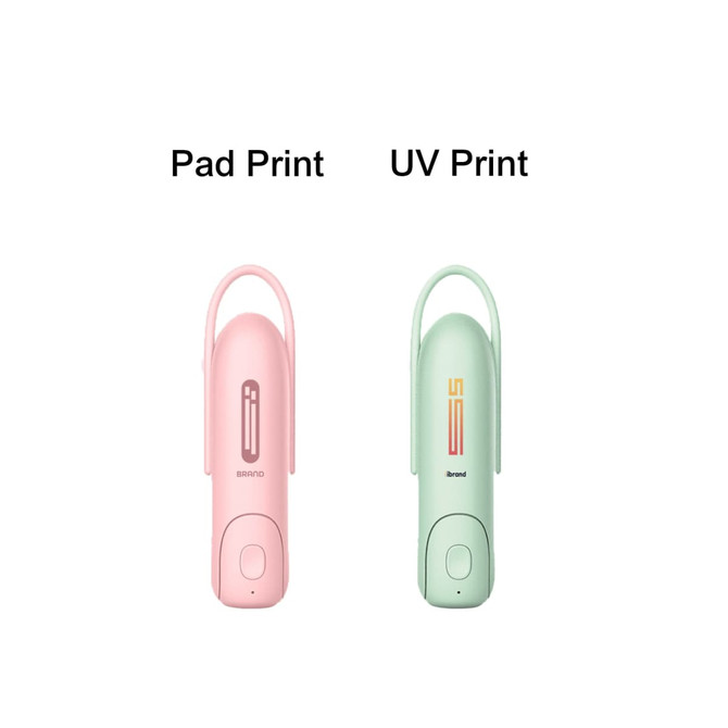 A pink USB handheld mini fan with a flashlight on the left and a mint green version on the right, both featuring logos.
