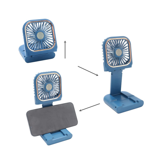 A blue folding neck fan with a phone stand, featuring adjustable angles and a simple design.