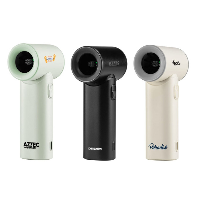A collection of three handheld fans in mint green, black, and cream, each featuring a distinct logo.