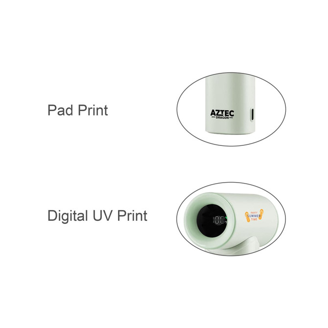 A high-speed portable handheld fan in white with a branding logo. Features a power button for operation.