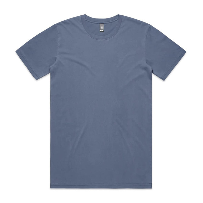 A faded blue T-shirt with short sleeves and a round neckline, featuring a branding logo.