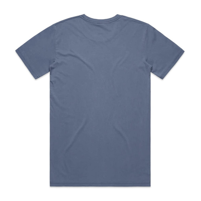 A faded blue T-shirt with a plain back design and a branding logo.