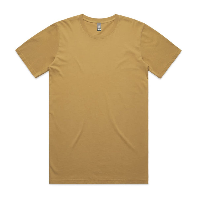 A faded mustard yellow T-shirt with short sleeves and a tag at the neckline, featuring a logo.
