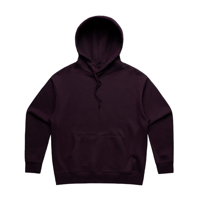 A purple hoodie with a front pocket and a drawstring hood, featuring a logo.
