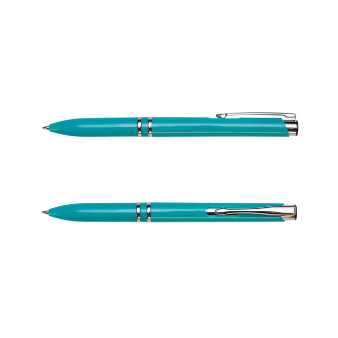 A turquoise recycled ABS pen with silver accents and a clip, displayed from two angles.