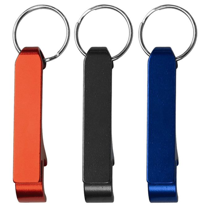 A drink bottle opener featuring three colours: red, black, and blue, each with a keyring attachment.