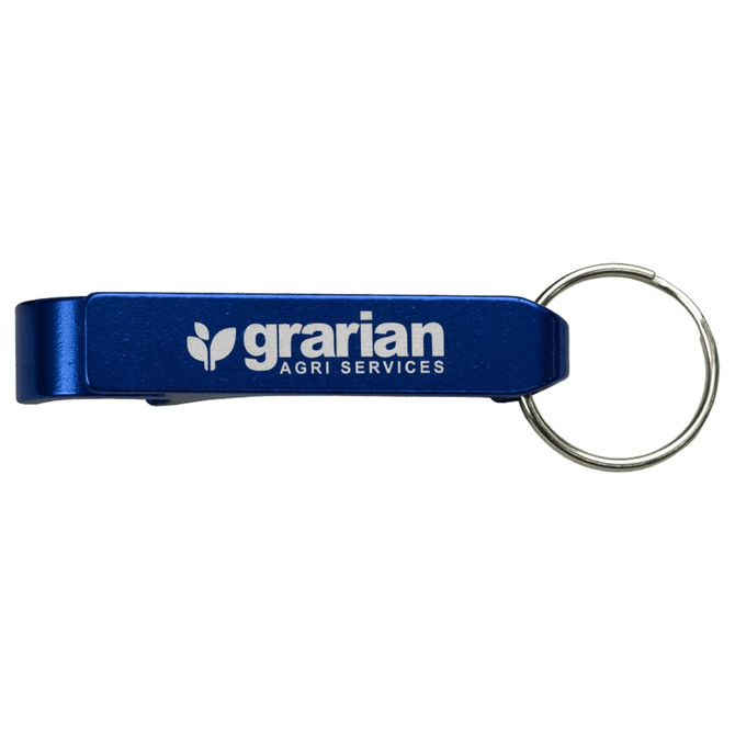 A blue aluminium can opener with a keyring attachment and a logo.