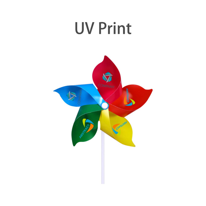 A five-leaf pinwheel in red, yellow, green, and blue, featuring logos and a white handle.