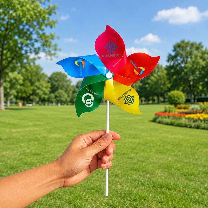 A hand holds a vibrant five-leaf pinwheel in red, blue, green, yellow, and orange, set against a park background. It has a logo.