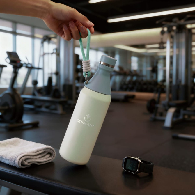 A drink bottle in pale green and grey, featuring a logo, placed near a towel and a watch in a gym setting.