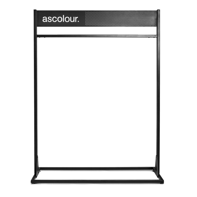 A black promotional display stand with a perforated top and a logo, designed for product showcasing.