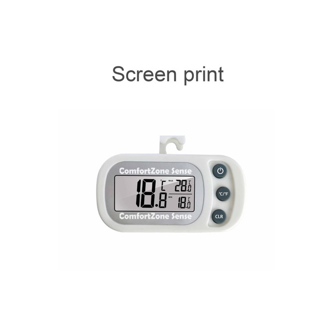 A white ambient thermometer with a digital display showing temperature readings and three buttons. It has a hanging hook.
