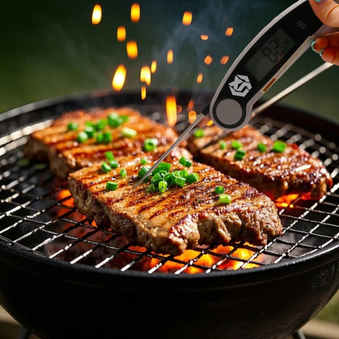 A digital instant read meat thermometer, silver and black, inserted into grilled steaks with green onions on a barbecue.