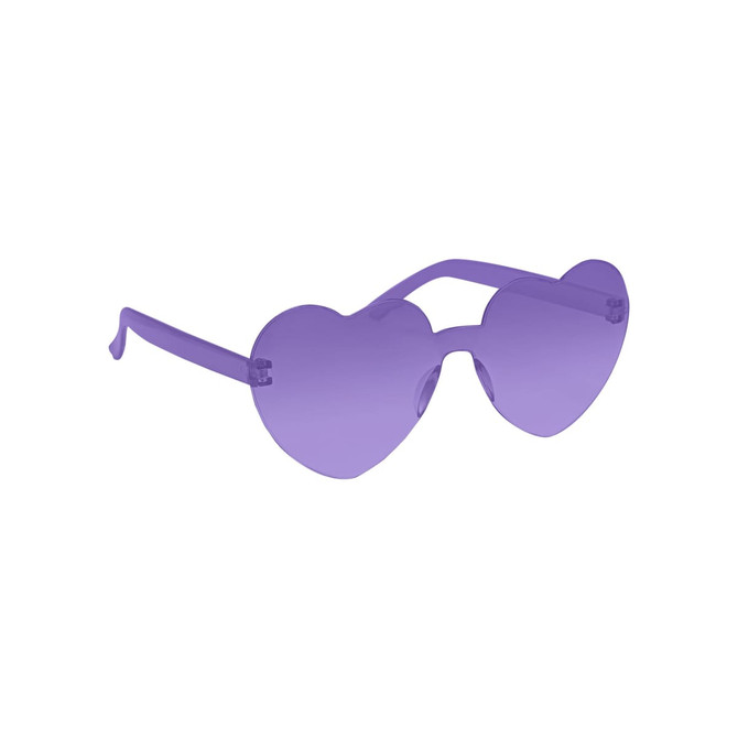 Heart-shaped glasses in a vibrant purple colour with tinted lenses and transparent frames.