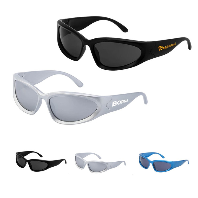 Wraparound sunglasses in black and white with tinted lenses, featuring a logo on the white pair.