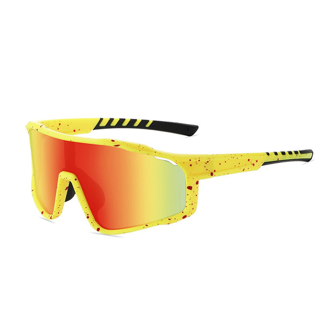 A pair of classic sport glasses in bright yellow with red splatter and mirrored lenses. Features a logo on the side.