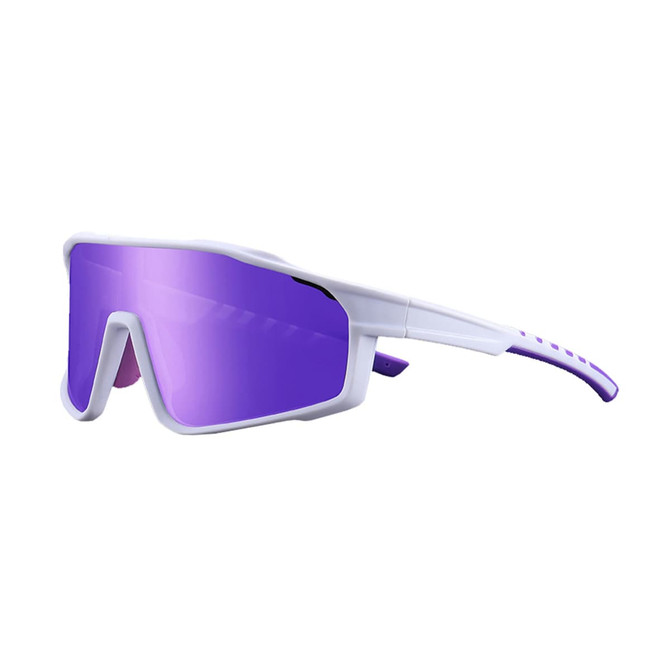 Classic sport glasses featuring a white frame and purple lenses, with a logo on the side.